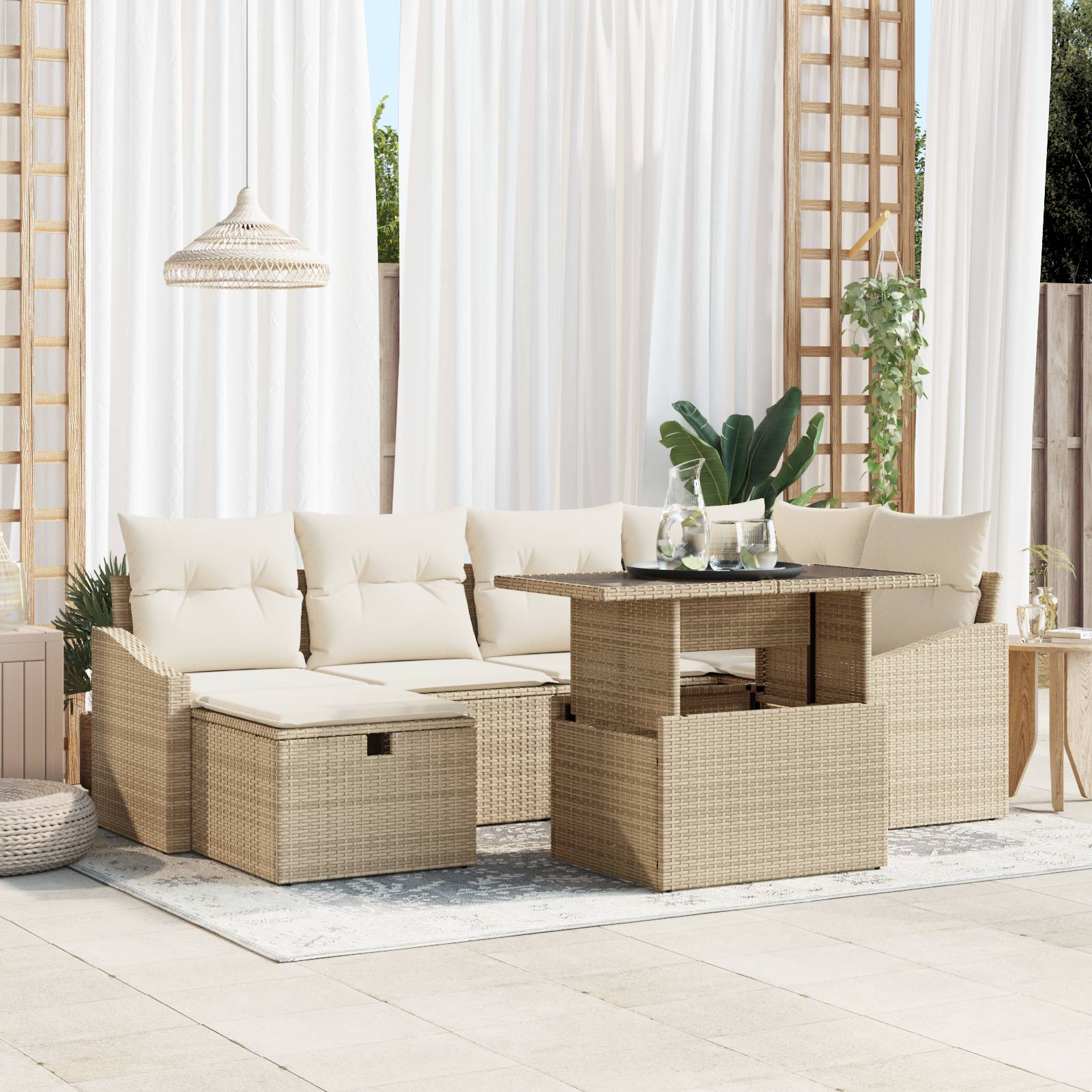 vidaXL 7-tlg. Garten-Sofagarnitur mit Kissen Beige Poly Rattan