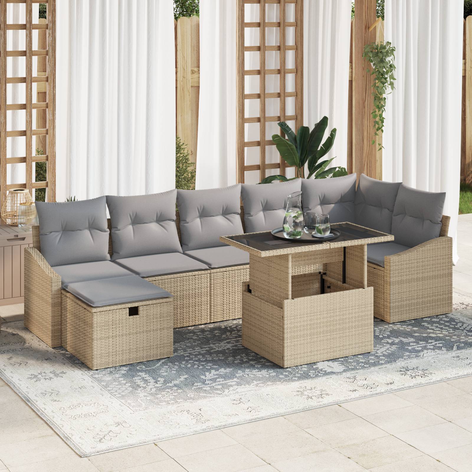 vidaXL 8-tlg. Garten-Sofagarnitur mit Kissen Beige Poly Rattan