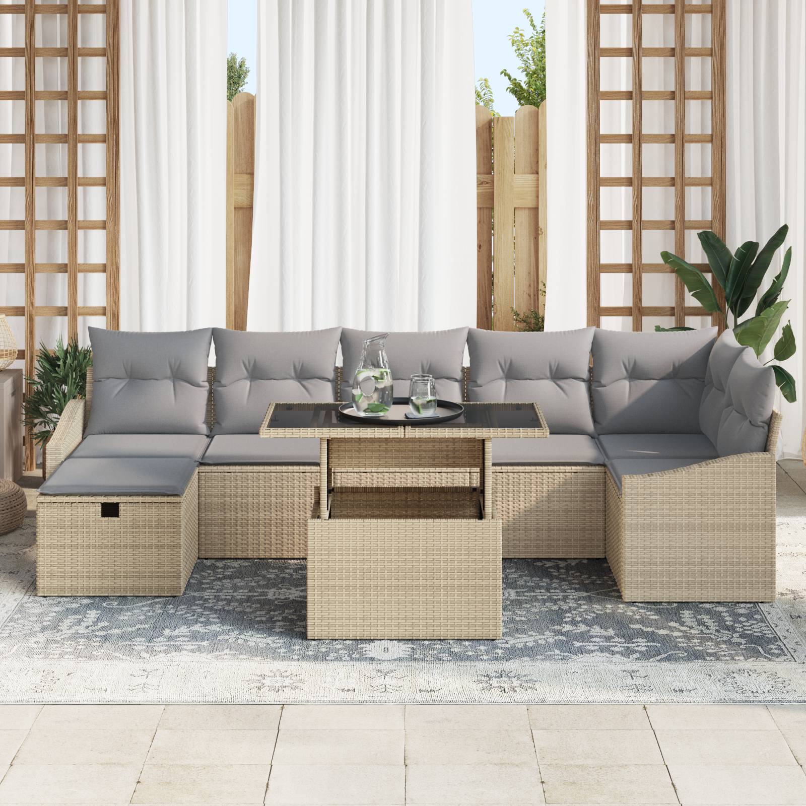 vidaXL 8-tlg. Garten-Sofagarnitur mit Kissen Beige Poly Rattan