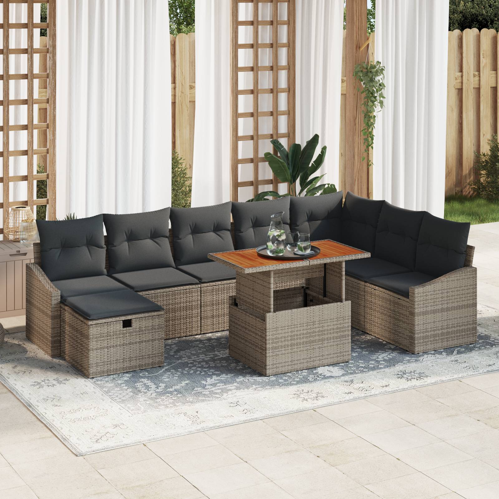 vidaXL 9-teiliges Garten Sofa Set mit Kissen Grau Poly Rattan