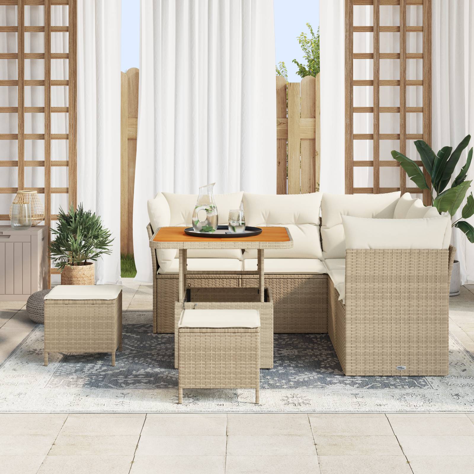 vidaXL 8-teiliges Garten-Sofaset mit Kissen, beiges Poly-Rattan