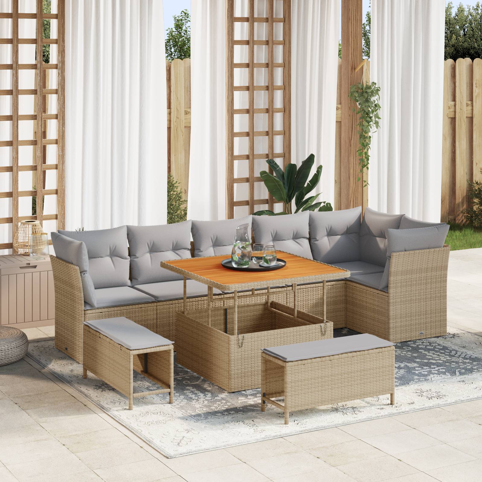 vidaXL 9-teiliges Garten Sofa Set mit Kissen Beige Poly Rattan Akazie