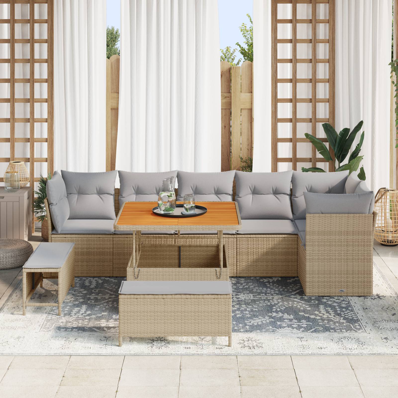vidaXL 9-teiliges Garten Sofa Set mit Kissen Beige Poly Rattan Akazie