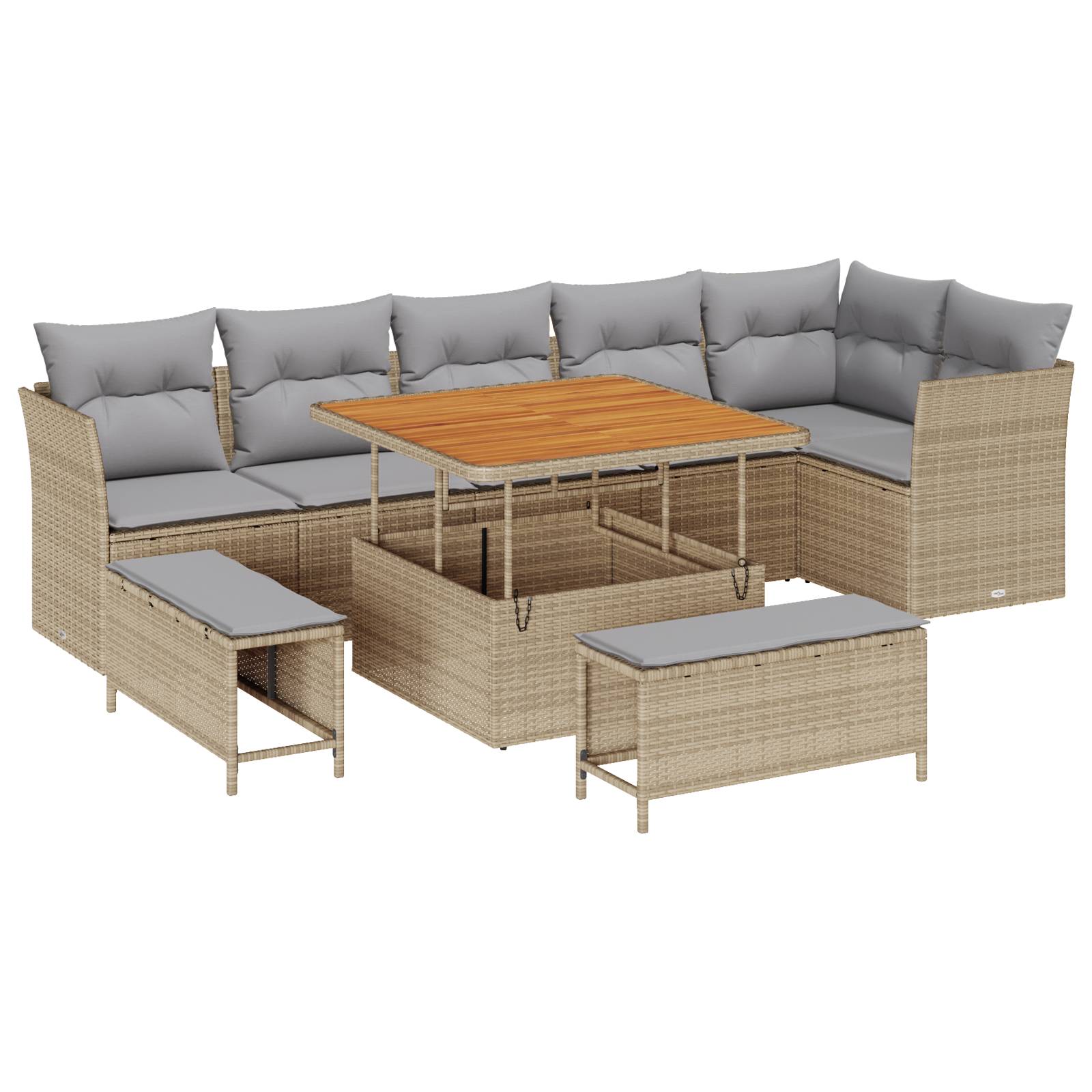vidaXL 9-teiliges Garten Sofa Set mit Kissen Beige Poly Rattan Akazie