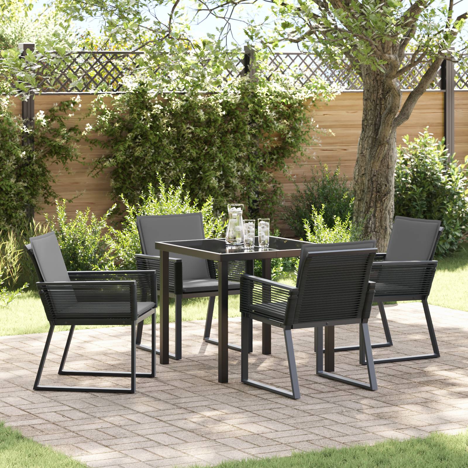 vidaXL 5-teiliges Garten-Ess-Set mit Kissen Schwarz Poly-Rattan