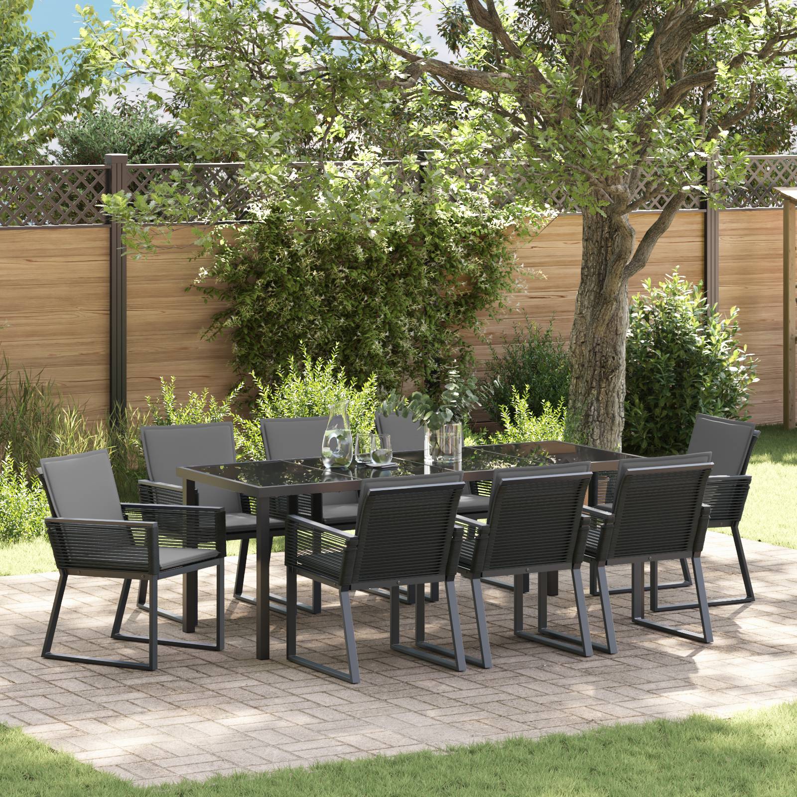 vidaXL 9-teiliges Garten-Ess-Set mit Kissen Schwarz Poly-Rattan