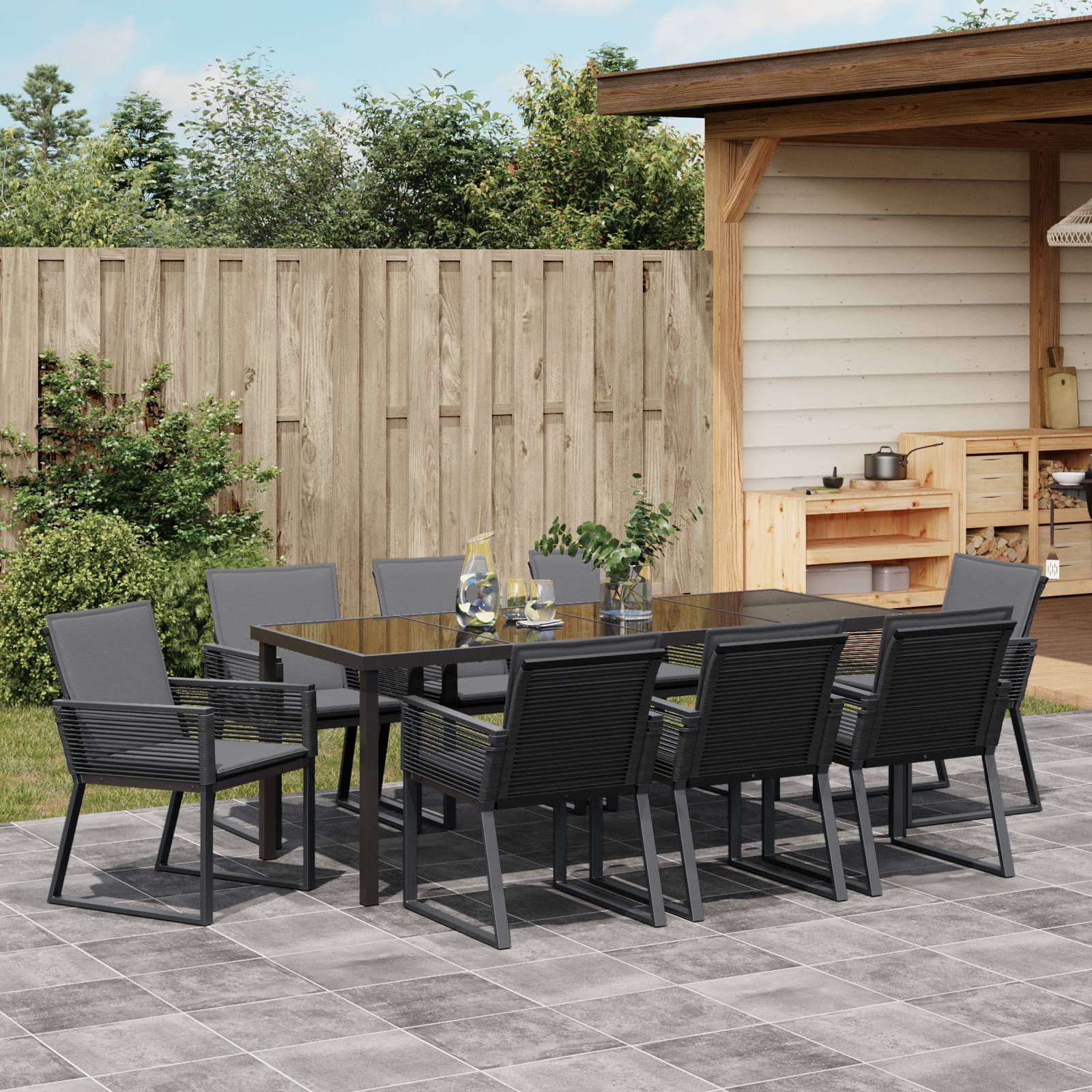 vidaXL 9-teiliges Garten-Ess-Set mit Kissen Schwarz Poly-Rattan