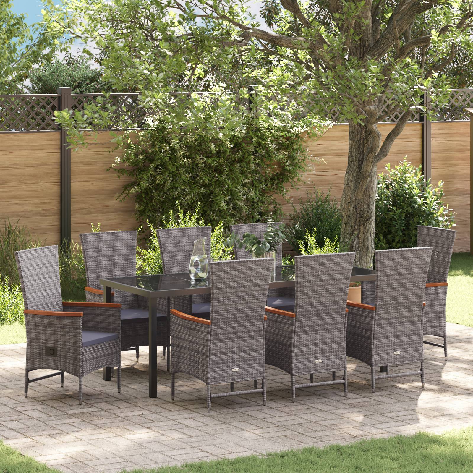 vidaXL 9-teiliges Gartentisch-Set mit Kissen Grau Poly-Rattan