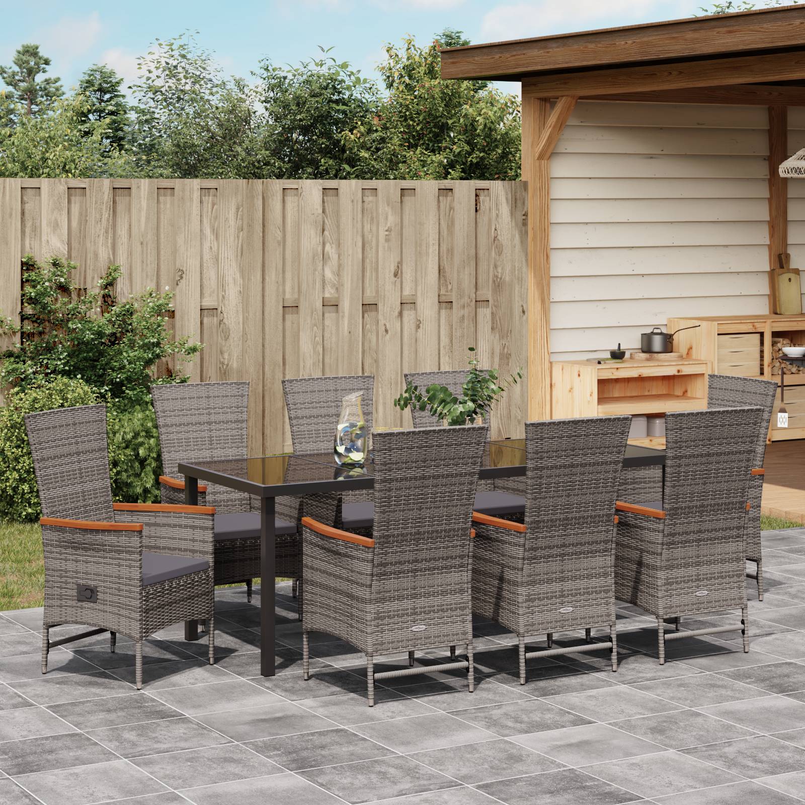 vidaXL 9-teiliges Gartentisch-Set mit Kissen Grau Poly-Rattan