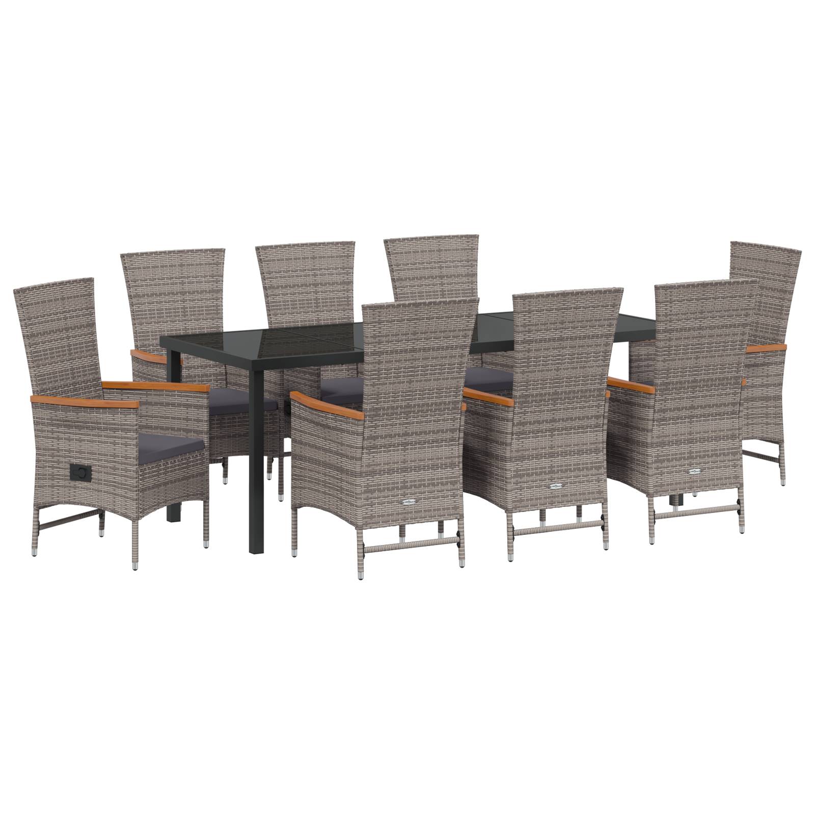 vidaXL 9-teiliges Gartentisch-Set mit Kissen Grau Poly-Rattan