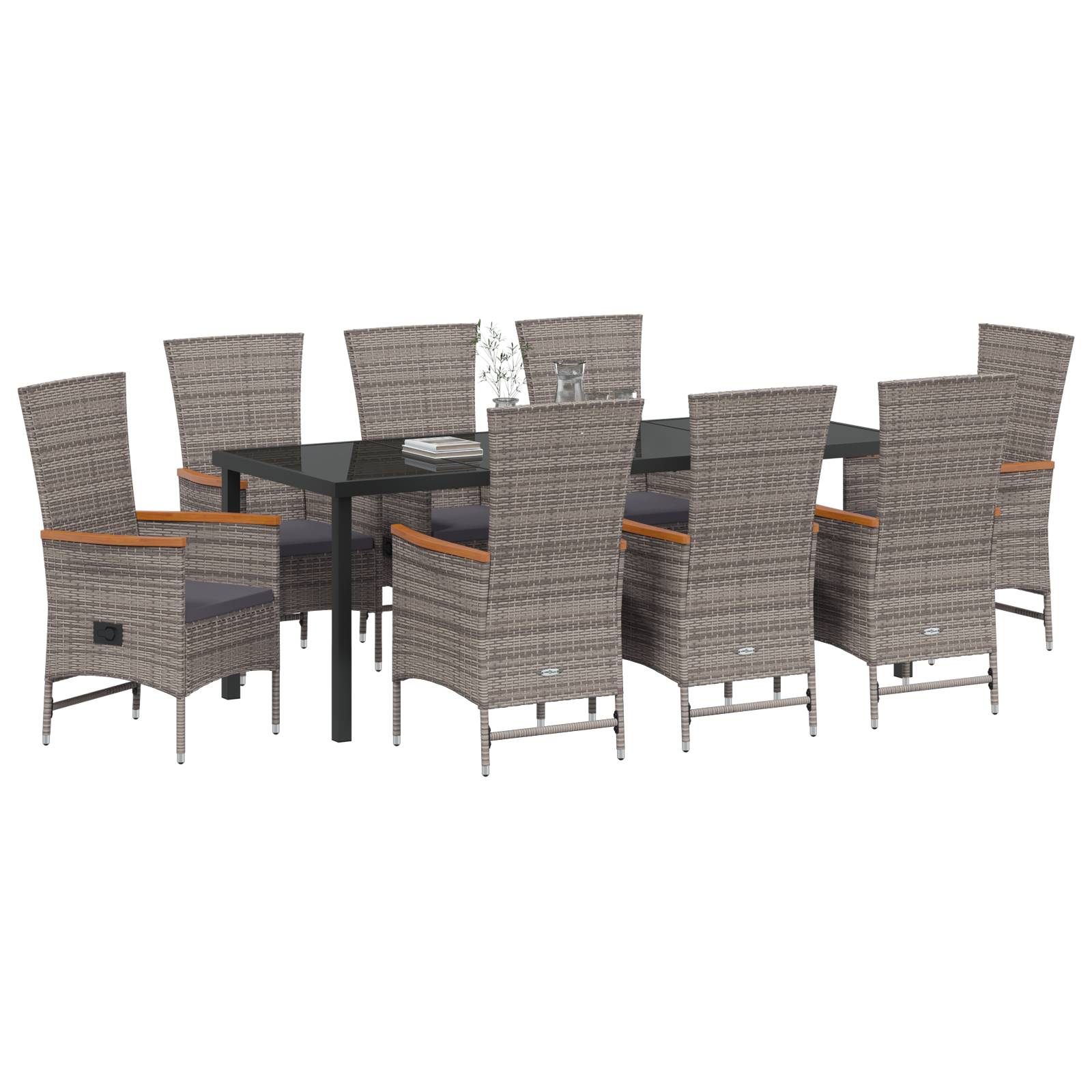 vidaXL 9-teiliges Gartentisch-Set mit Kissen Grau Poly-Rattan