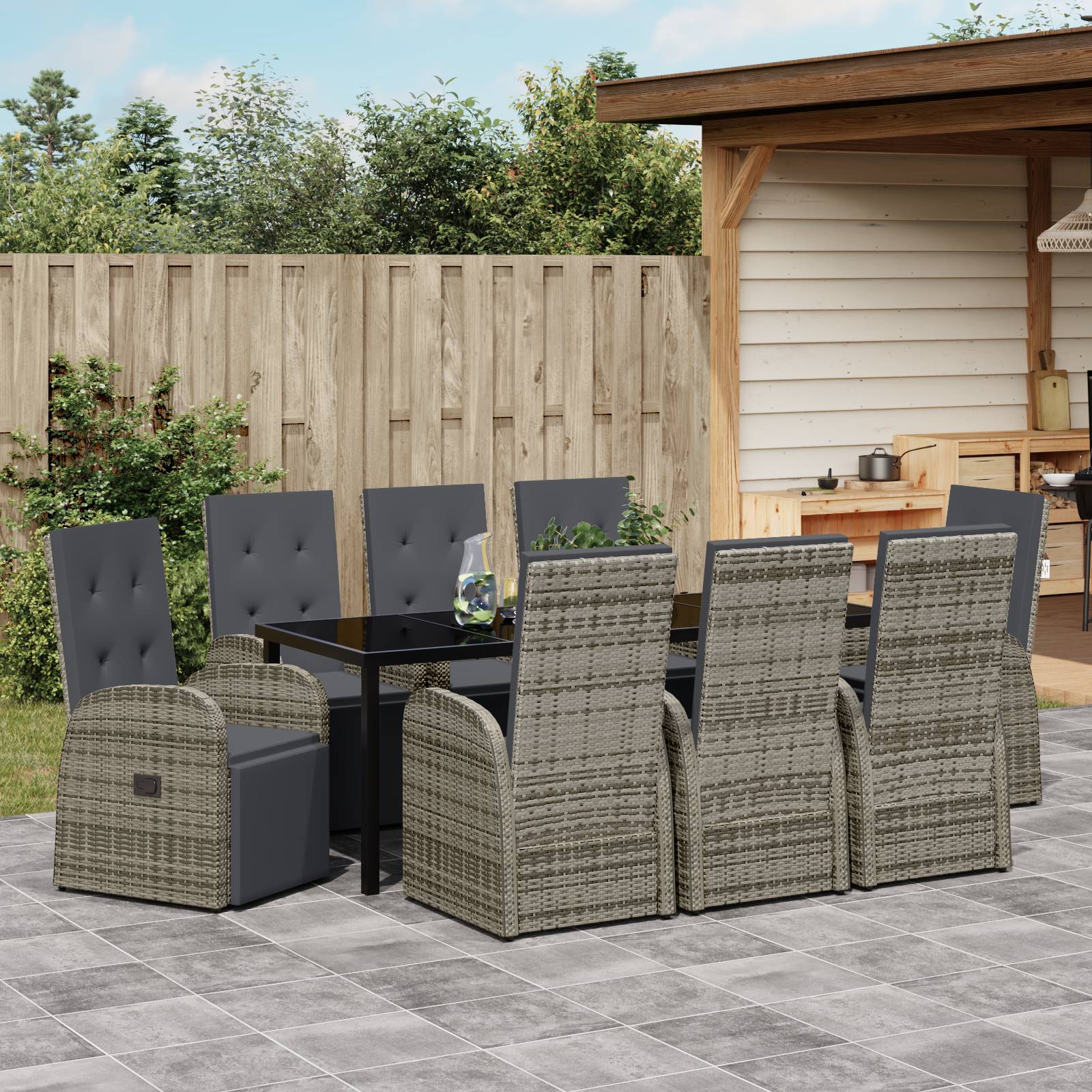 vidaXL 9-tlg. Garten-Essgruppe mit Kissen Grau Poly Rattan
