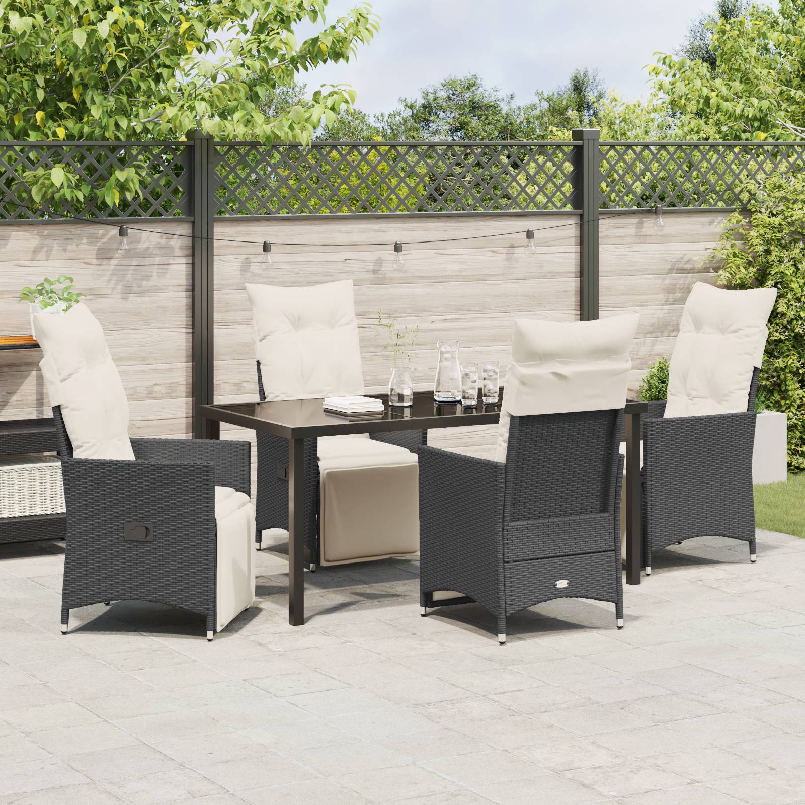 vidaXL 5-teiliges Garten-Dining-Set mit Kissen Schwarzer Poly-Rattan