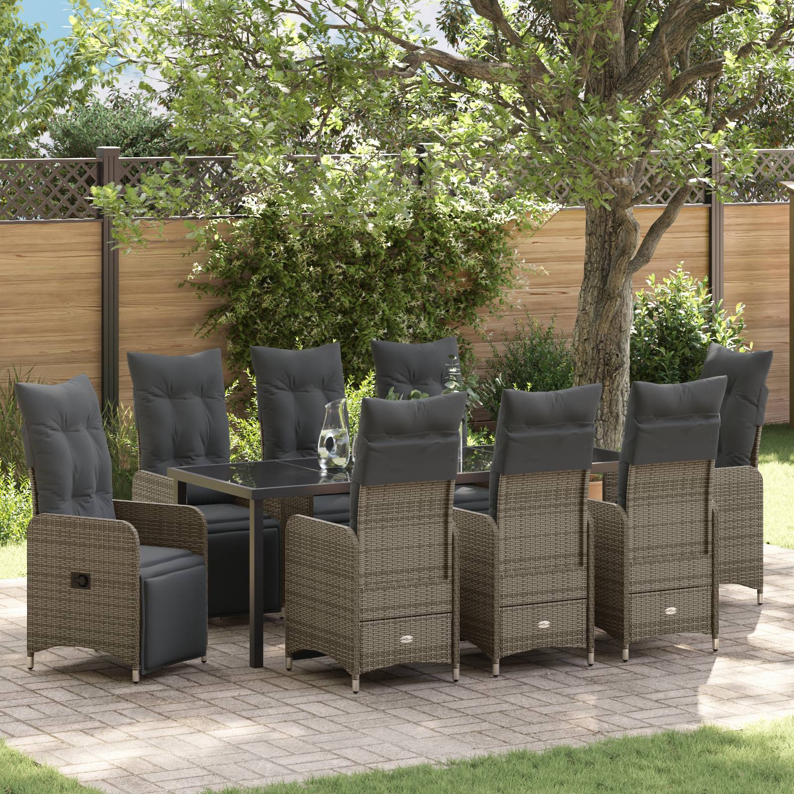 vidaXL 9-tlg. Garten-Essgruppe mit Kissen Grau Poly Rattan
