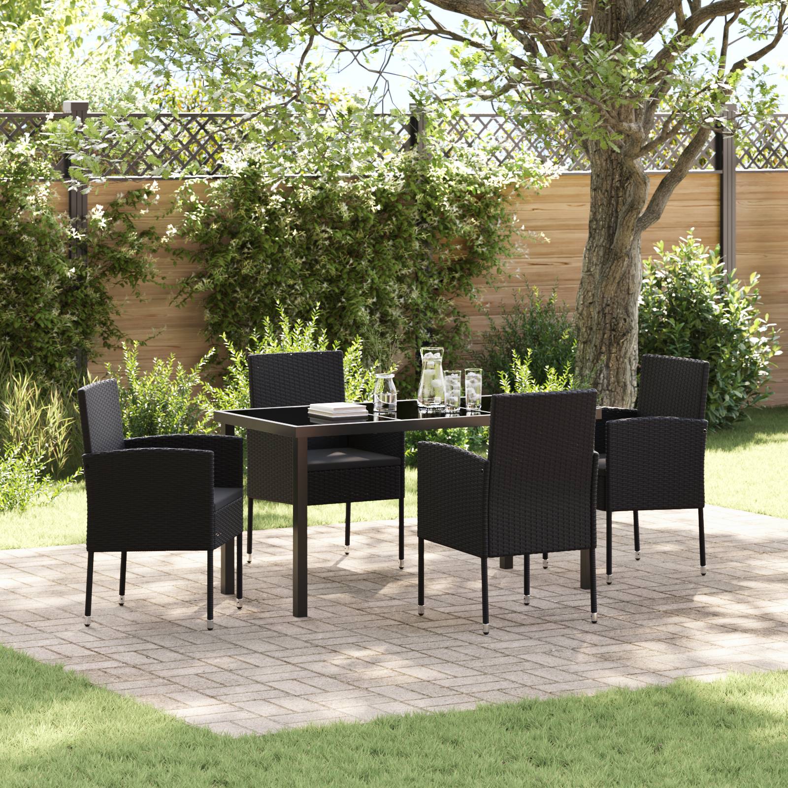 vidaXL 5-teiliges Garten-Ess-Set mit Kissen Schwarz Poly-Rattan