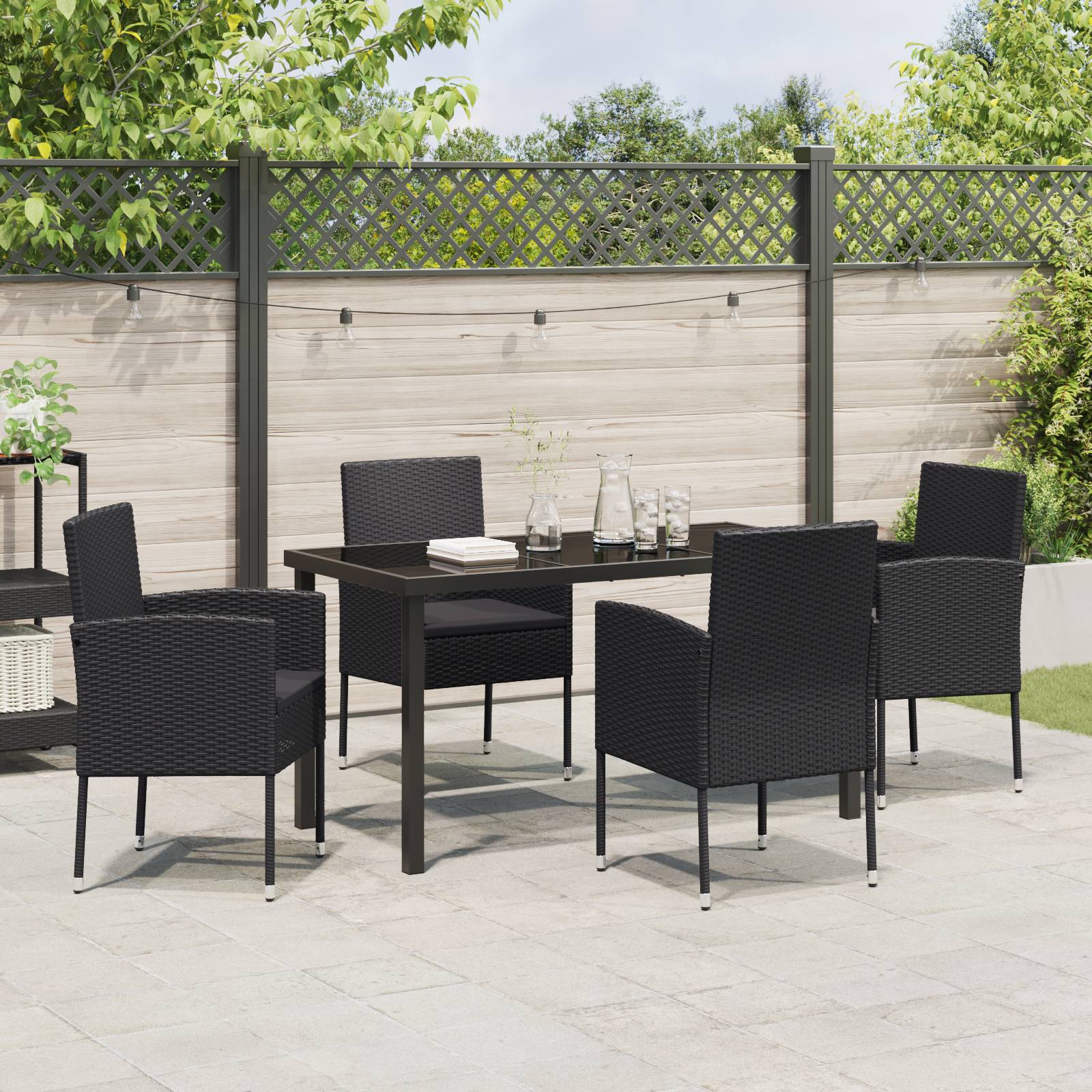 vidaXL 5-teiliges Garten-Ess-Set mit Kissen Schwarz Poly-Rattan