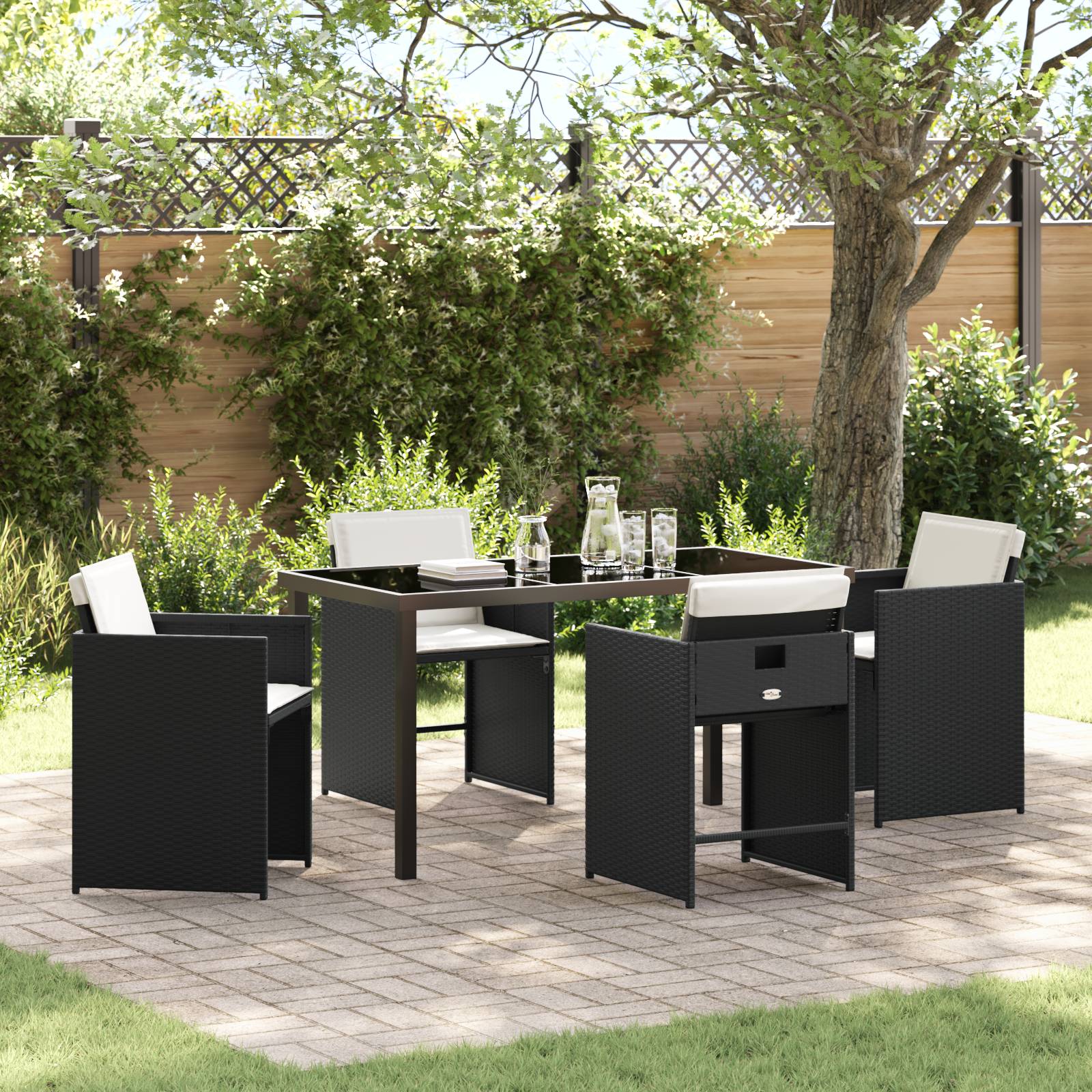 vidaXL 5-teilige Garten-Essgruppe mit Kissen Schwarz Poly Rattan