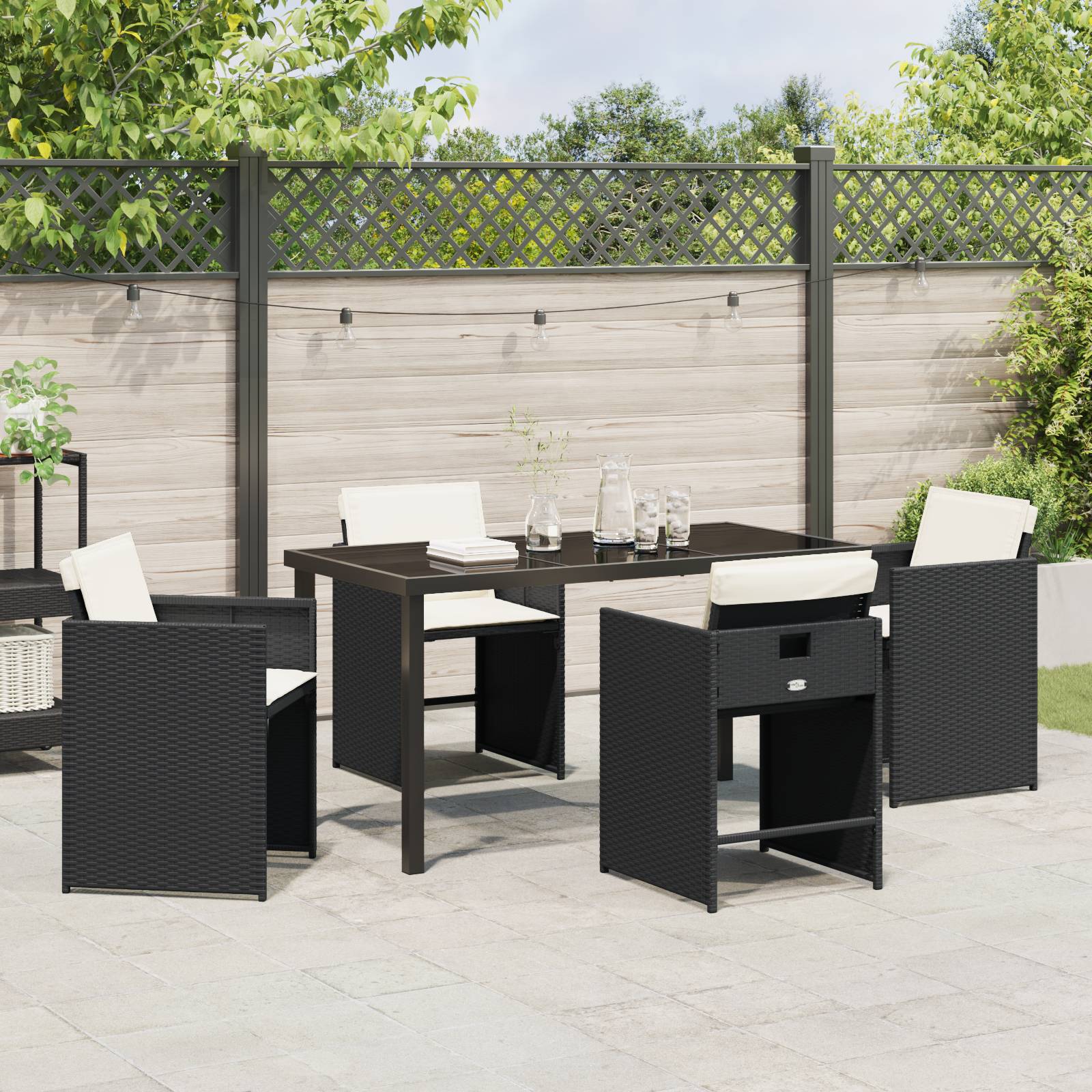 vidaXL 5-teilige Garten-Essgruppe mit Kissen Schwarz Poly Rattan