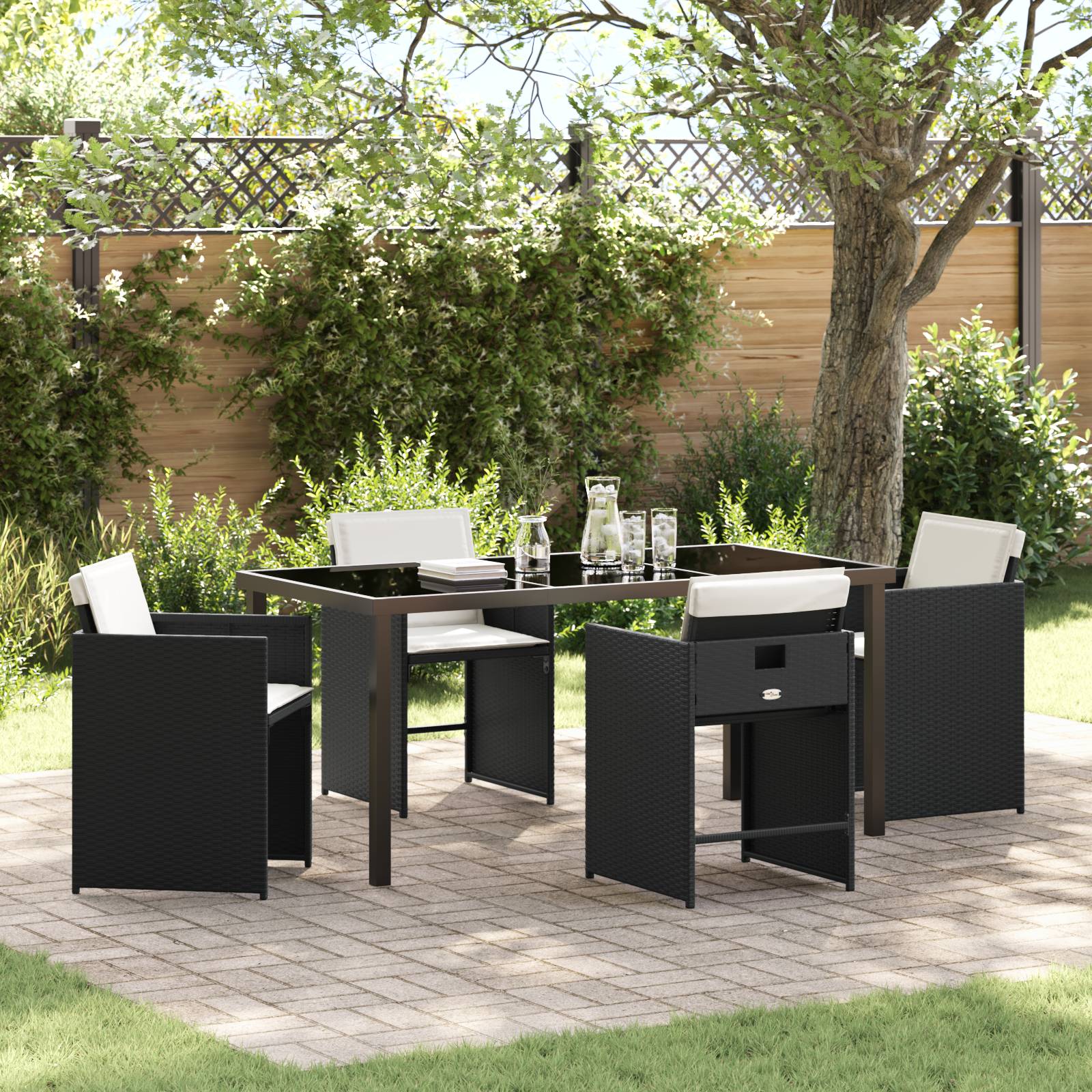 vidaXL 5-teilige Garten-Dining-Set mit Kissen Schwarz Poly-Rattan