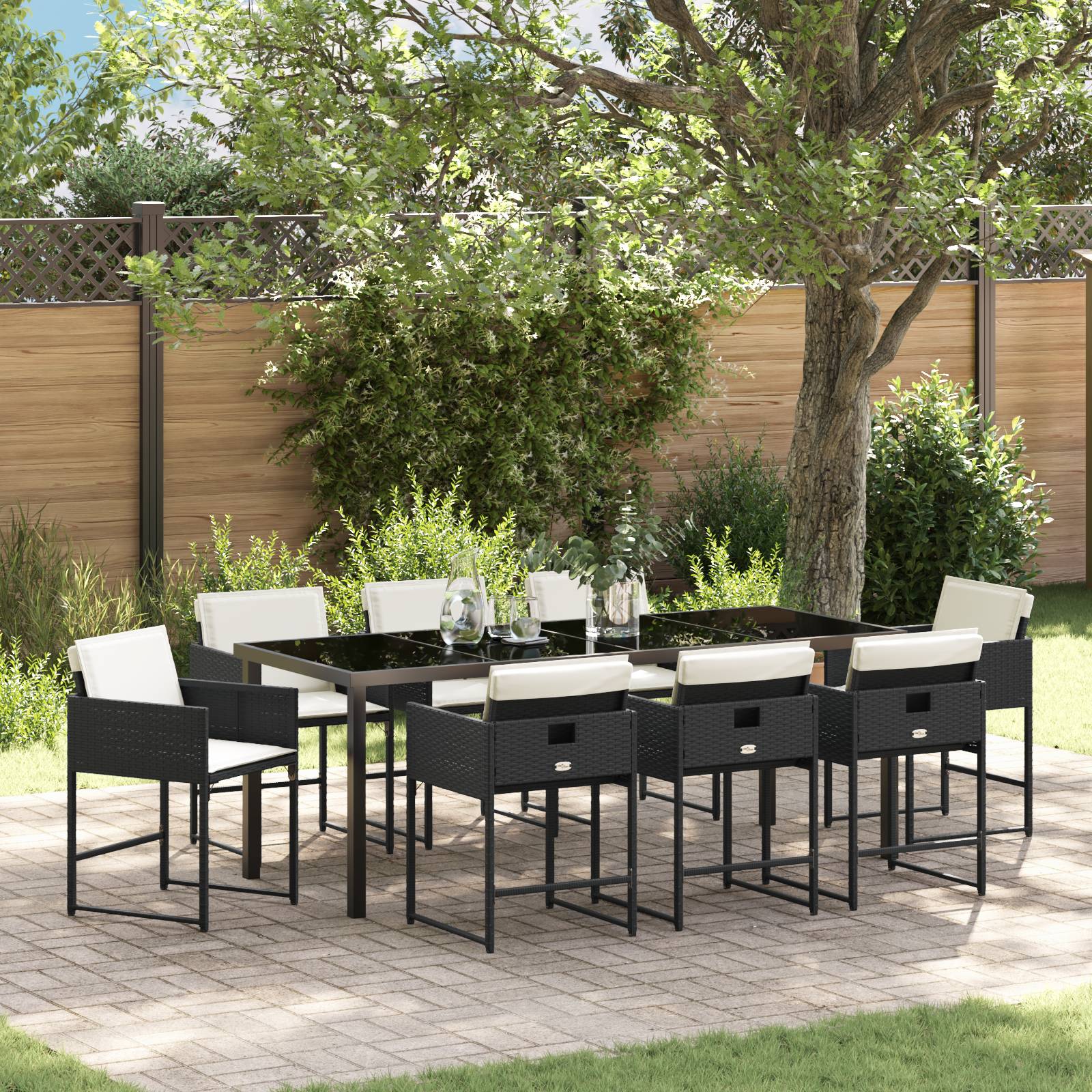 vidaXL 9-teiliges Garten-Essset mit Kissen - Schwarzes Poly-Rattan