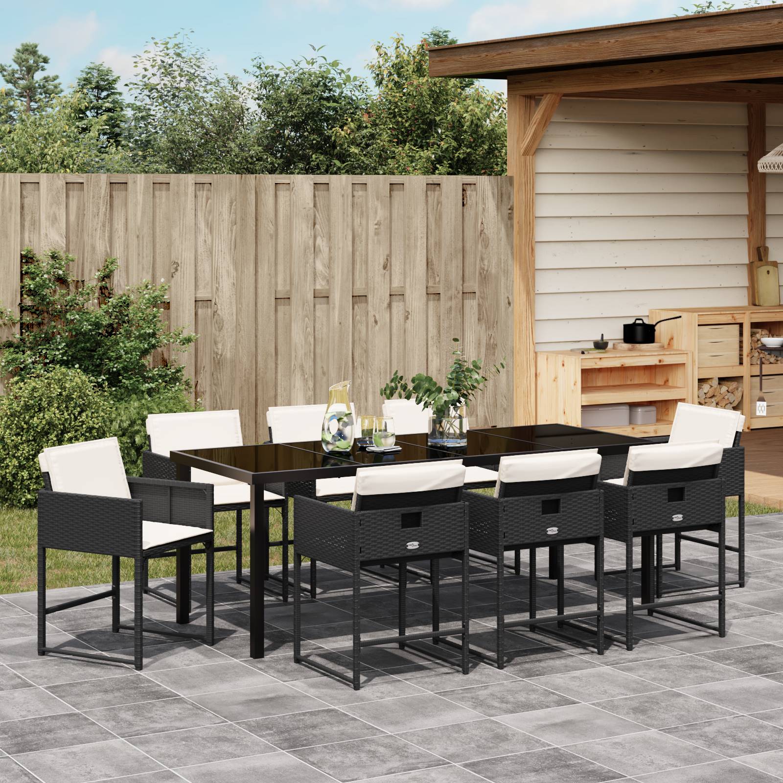 vidaXL 9-teiliges Garten-Essset mit Kissen - Schwarzes Poly-Rattan