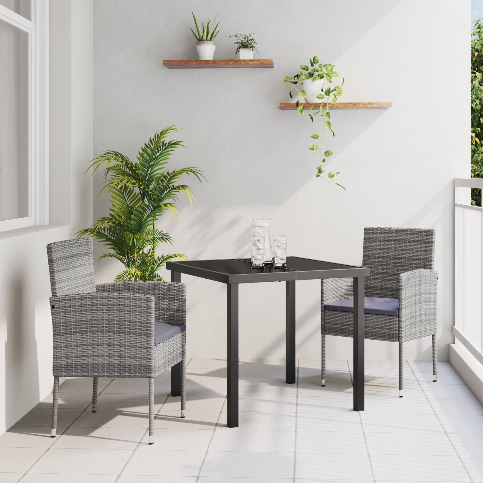 vidaXL 3-teiliges Garten-Ess-Set mit Kissen Grau Poly Rattan