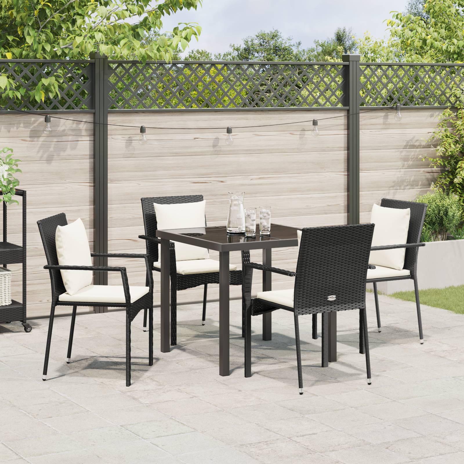 vidaXL 5-teiliges Garten-Dining-Set mit Kissen - Schwarzes Poly-Rattan