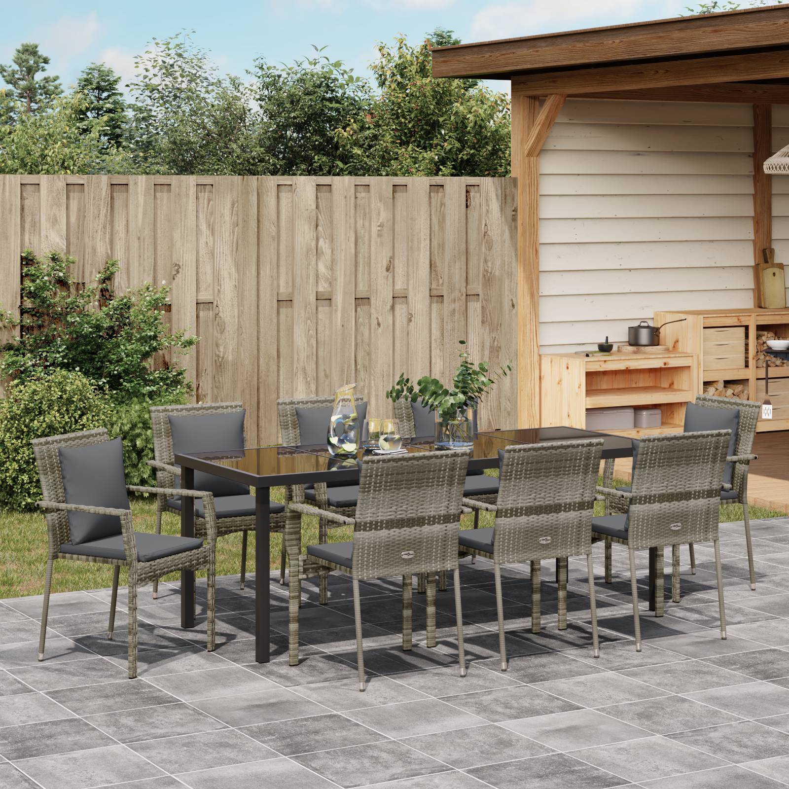 vidaXL 9-teiliges Gartenset mit Kissen graues Poly-Rattan