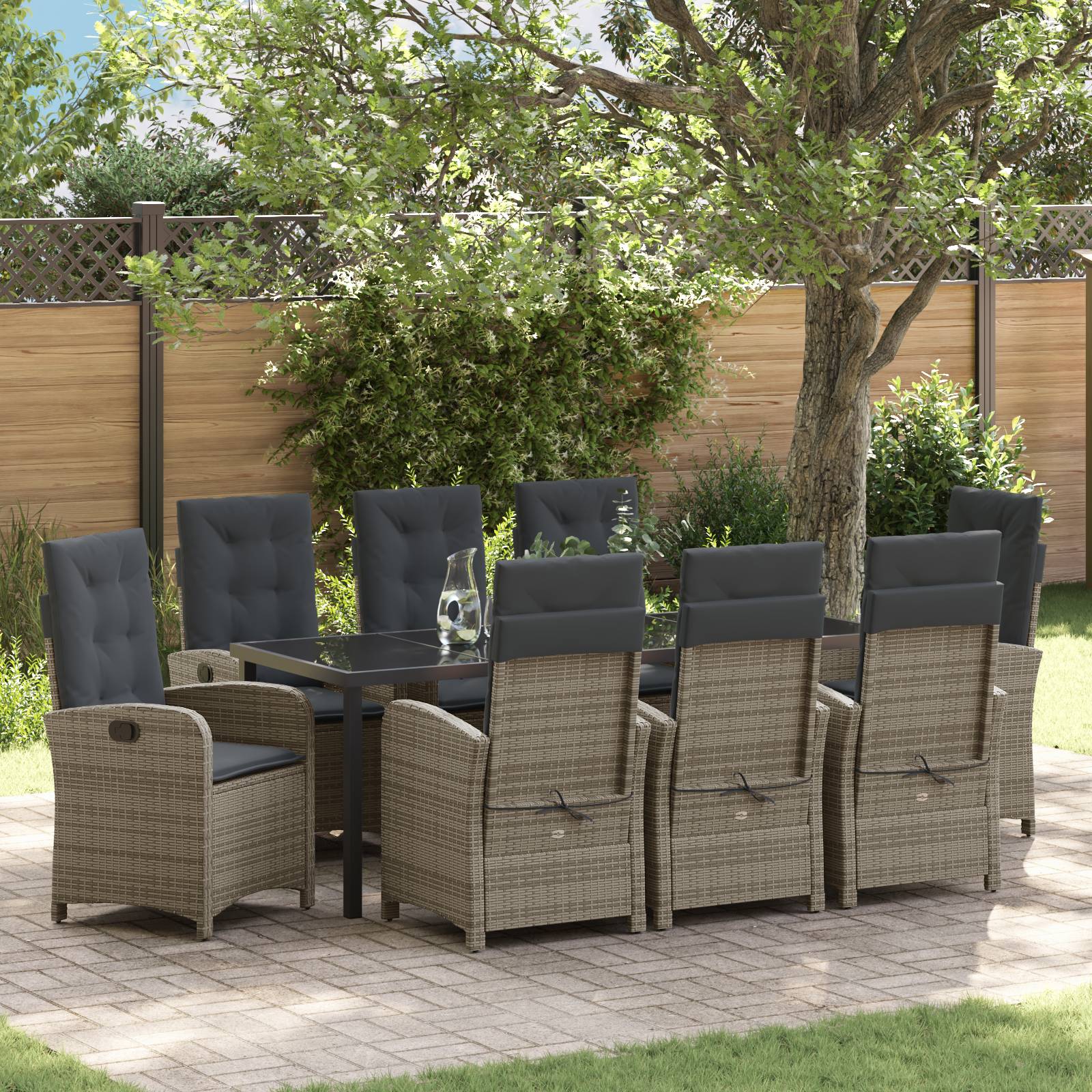 vidaXL 9-teiliges Garten-Esszimmer-Set mit Kissen Grau Poly-Rattan