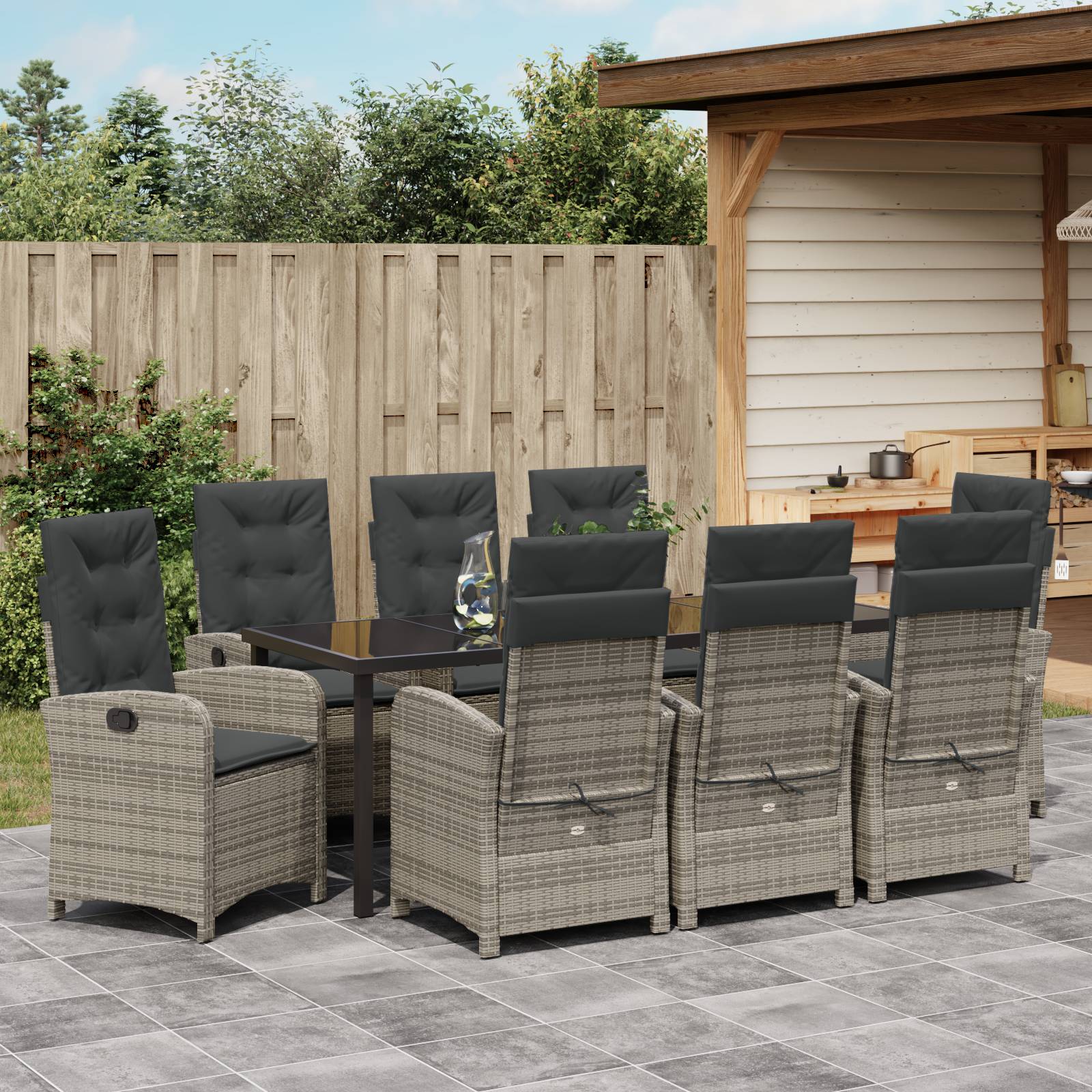 vidaXL 9-teiliges Garten-Esszimmer-Set mit Kissen Grau Poly-Rattan