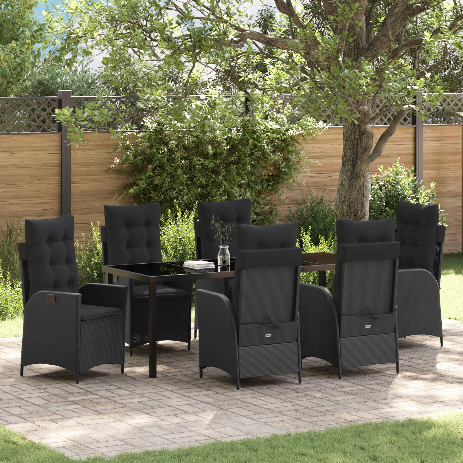 vidaXL 7-tlg. Garten-Essgruppe mit Kissen Schwarz Poly Rattan