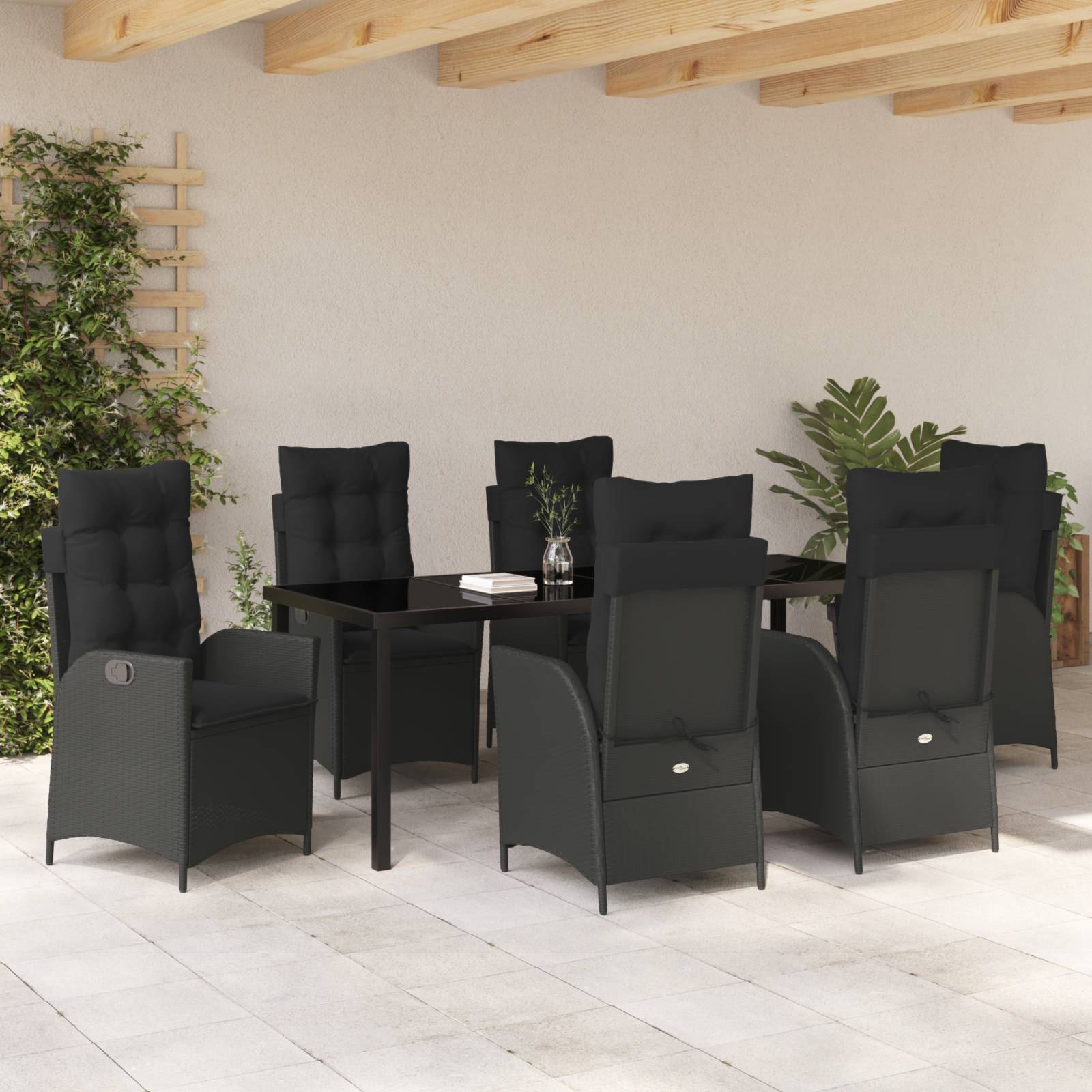 vidaXL 7-tlg. Garten-Essgruppe mit Kissen Schwarz Poly Rattan