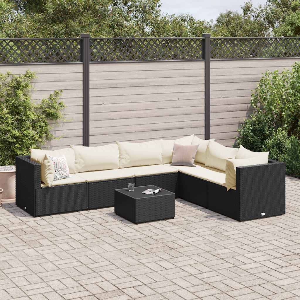 vidaXL 7-tlg. Garten-Lounge-Set mit Kissen Schwarz Poly Rattan