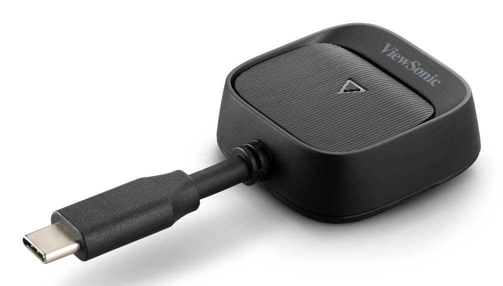ViewSonic USB-C Wireless Präsentationsdongle mit verbundenem Kabeladapter.