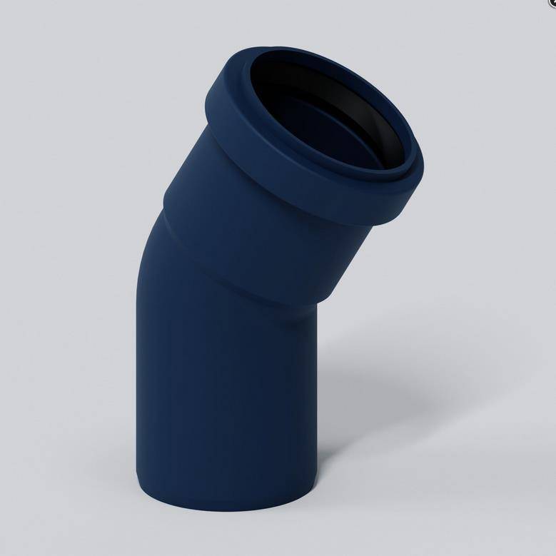 Dunkelblauangewinkelte Rohrbogenverschraubung auf hellgrauem Hintergrund, dargestellt im 3D-Produktstil.