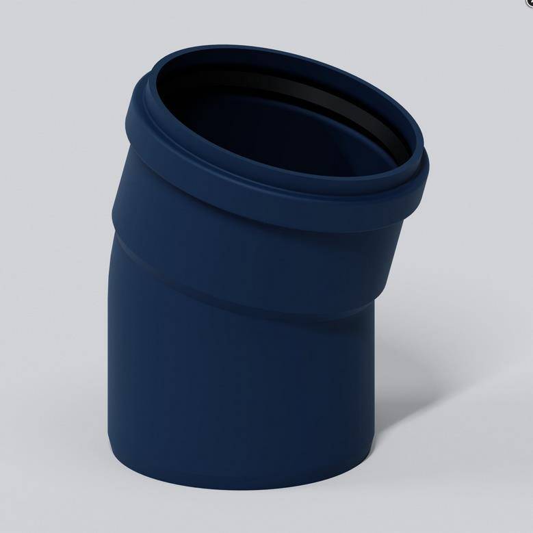 Eine dunkelblau gewinkelte Kunststoffrohrverbindung mit weit offenem Ende, shown auf einem einfachen hellen Hintergrund.