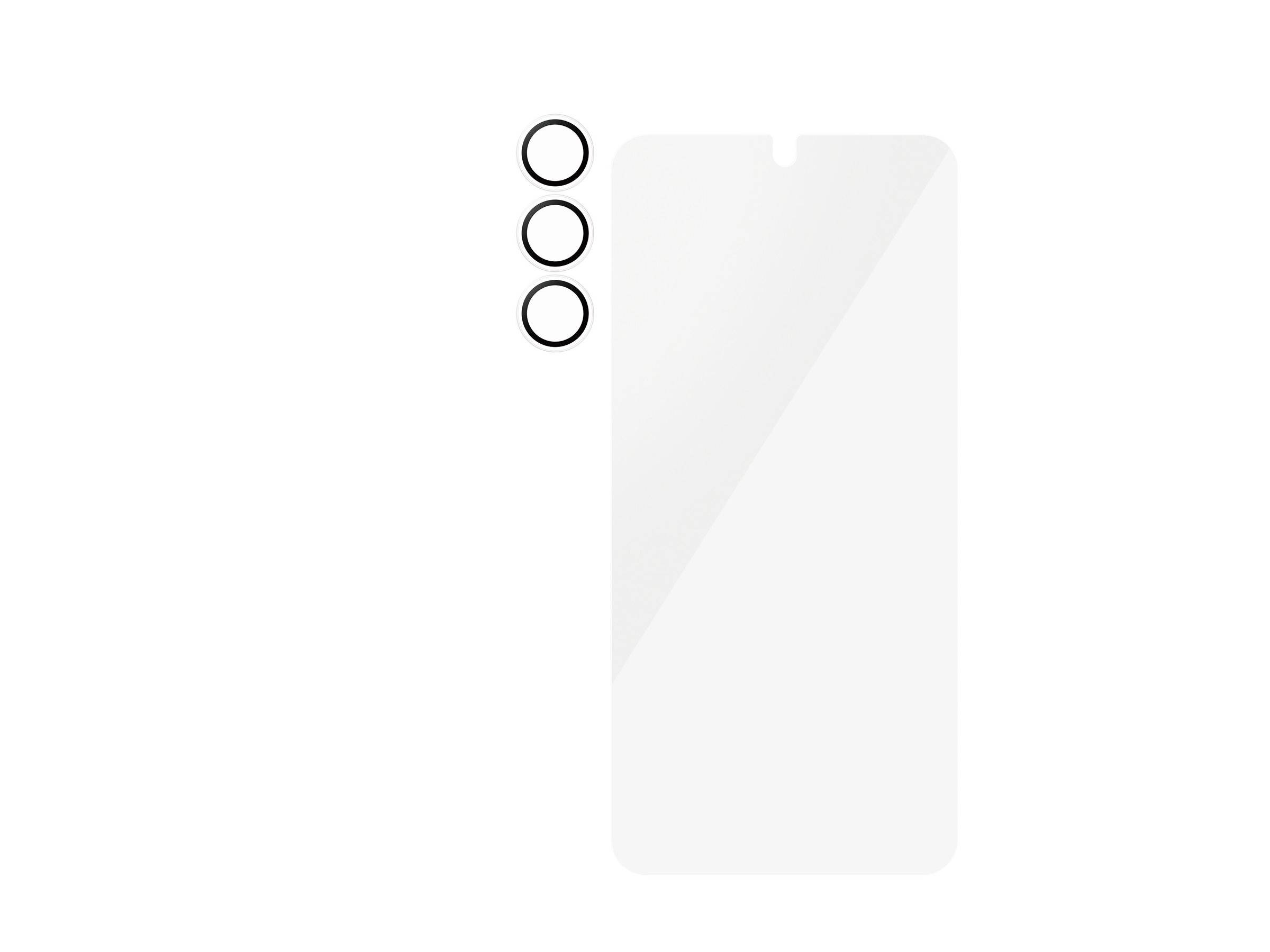 Ein durchsichtiger Smartphone-Displayschutz mit präzisen Aussparungen für die Kamera und Sensoren, ergänzt durch drei schwarze, kreisförmige Kameraobjektivschutzfolien.