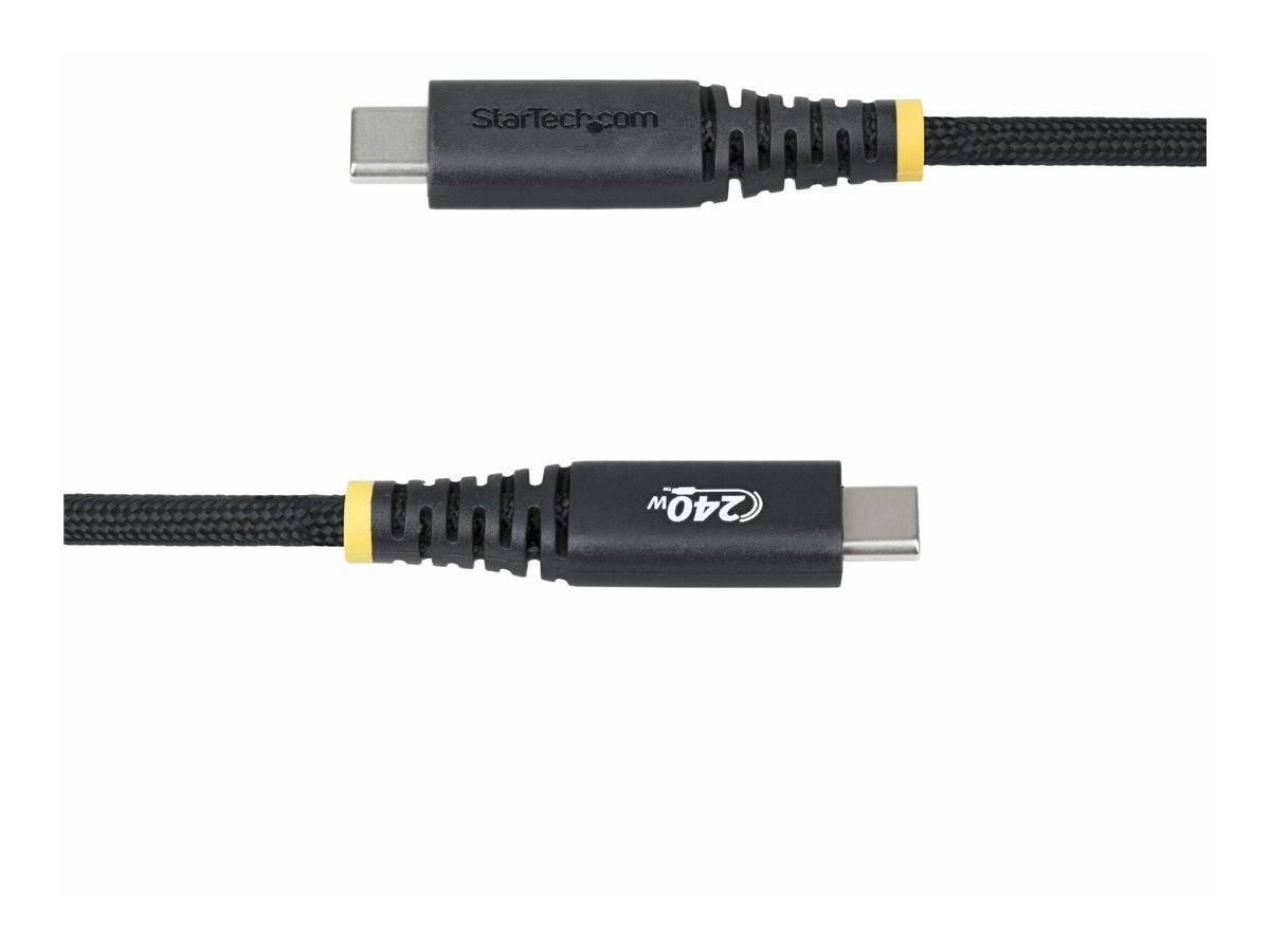 Zwei schwarze USB-C-Kabelenden mit geflochtenen Ummantelungen und gelben Akzenten, gezeigt auf weißem Hintergrund, mit StarTech.com-Branding und 240W.