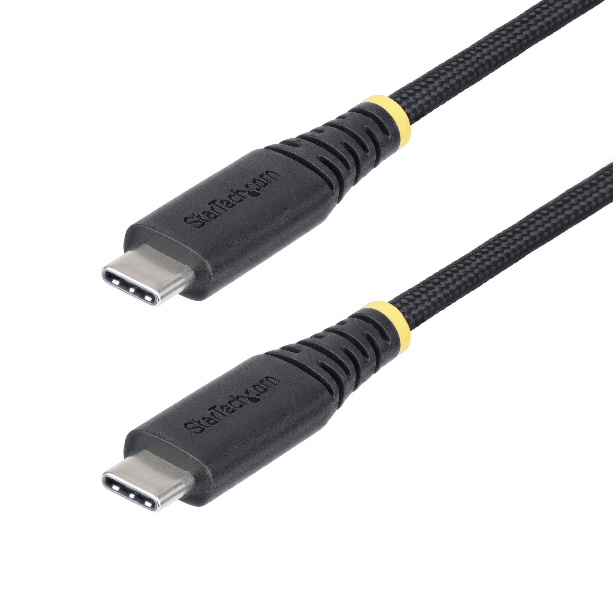 Zwei schwarze USB-C-Kabel mit gewebten Ummantelungen und gelben Akzentringen auf weißem Hintergrund.