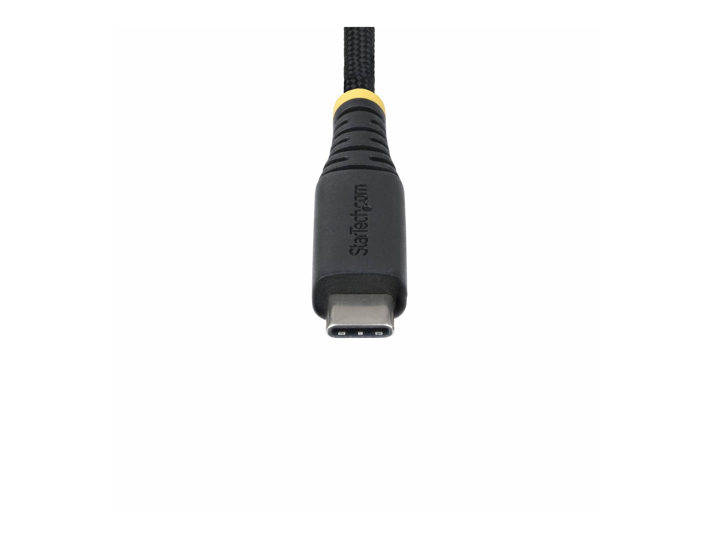 Schwarzes USB-C-Kabelverbinderstück mit geflochtenem Kabel und gelbem Akzent, vor weißem Hintergrund abgebildet.