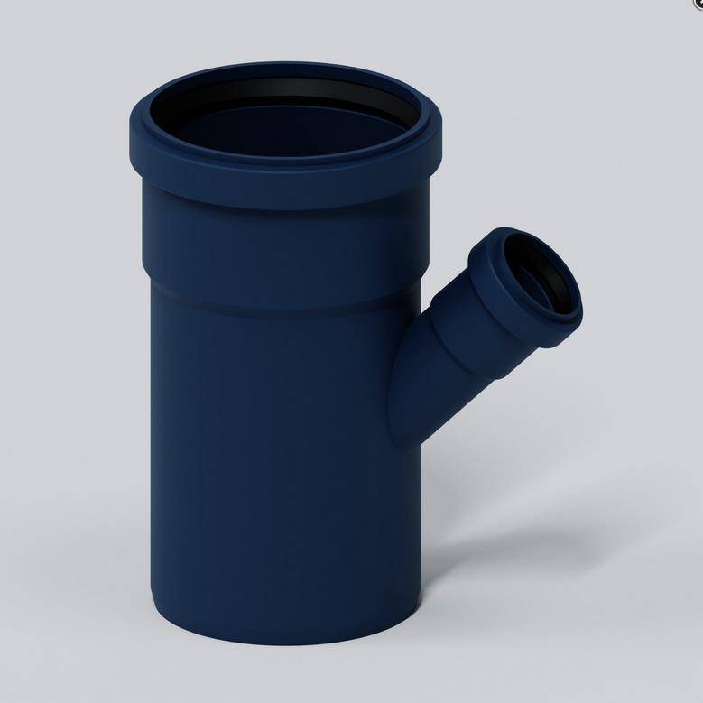3D-Rendering einer dunkelblau beschichteten PVC-Rohrverschraubung mit Abzweigung, die zur Verbindung von Entwässerungs- oder Rohrleitungsrohren verwendet wird.