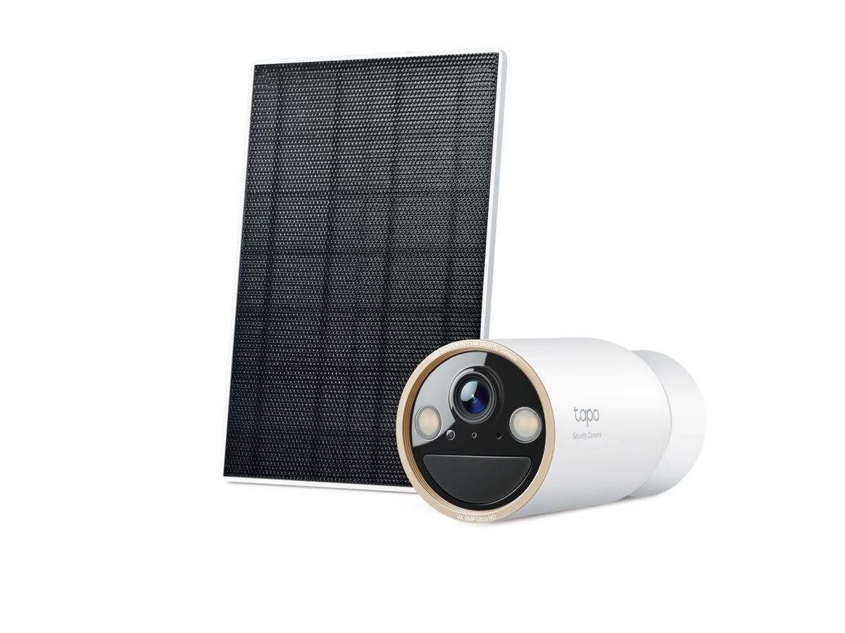 Drahtlose Überwachungskamera mit Solarpanel für die Stromversorgung im Freien, dargestellt in Weiß und Schwarz vor einfachem Hintergrund.