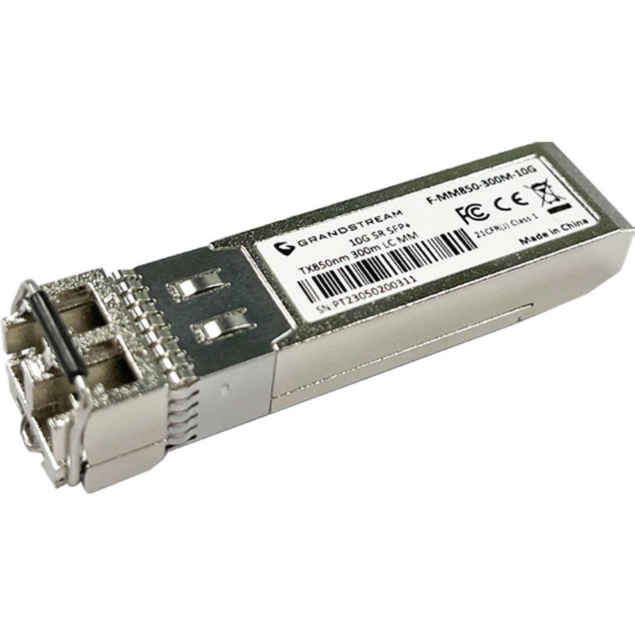 Metall-10G-SFP+-Transceiver-Modul mit optischem Anschluss und Beschriftung, dargestellt auf weißem Hintergrund.