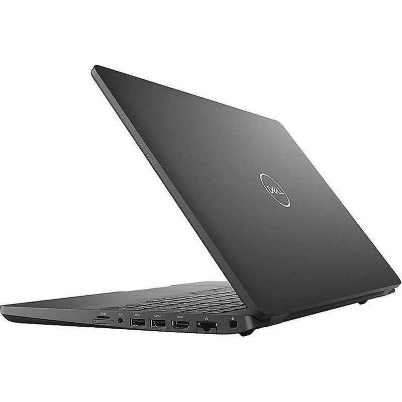 Ein schwarzer Dell-Laptop, der in einem Winkel geöffnet gezeigt wird, mit sichtbarer Tastatur und Seitenports auf weißem Hintergrund.