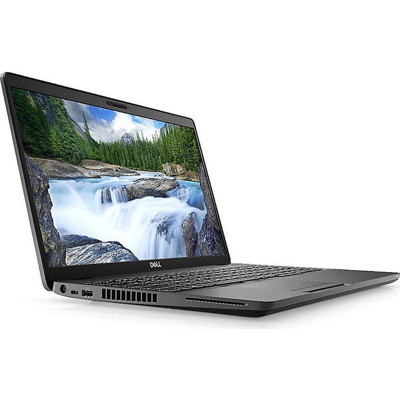 Offener Dell-Laptop auf weißem Hintergrund, mit Wallpaper eines malerischen Wasserfalls auf dem Bildschirm.