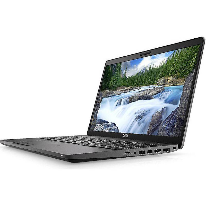 Schwarzer Dell-Laptop in einem Winkel geöffnet, zeigt einen Wasserfall- und Wald-Hintergrund auf weißem Hintergrund.
