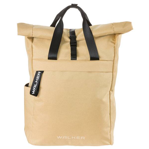 Beiger Rucksack mit Rollverschluss, schwarzen Riemen und 'WALKER'-Branding auf einem einfachen weißen Hintergrund.