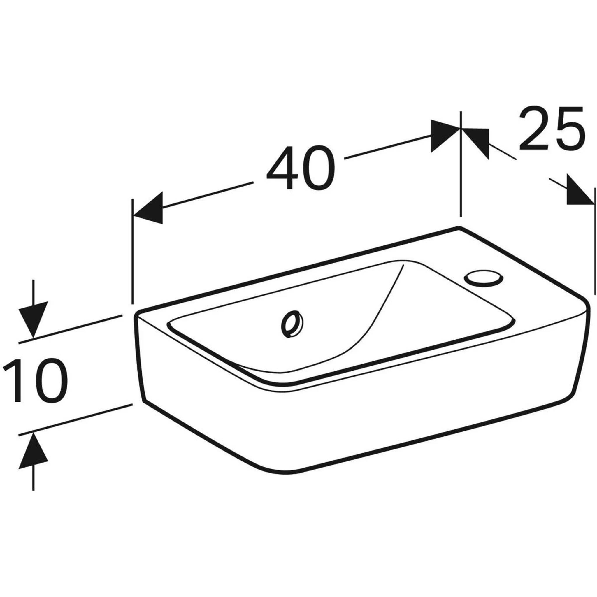 Diagramm eines rechteckigen Waschbeckens mit Becken und Wasserhahndurchlass, beschriftet mit den Abmessungen 40, 25 und 10.