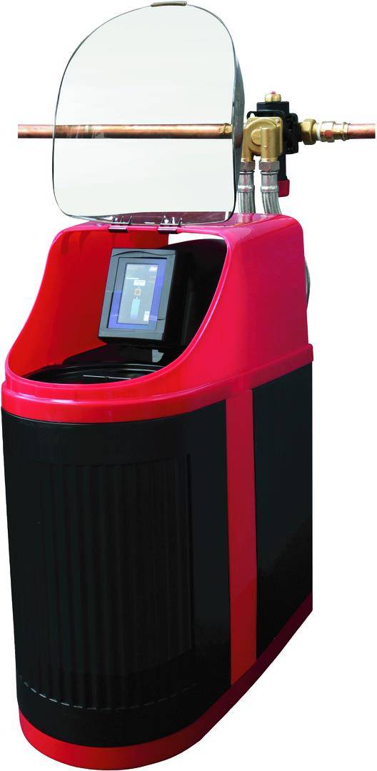 Kompakte rot-schwarze Maschine mit Touchscreen und transparentem Schutzschild, mit Schläuchen oben angeschlossen, wahrscheinlich ein Labor- oder Industriegerät.
