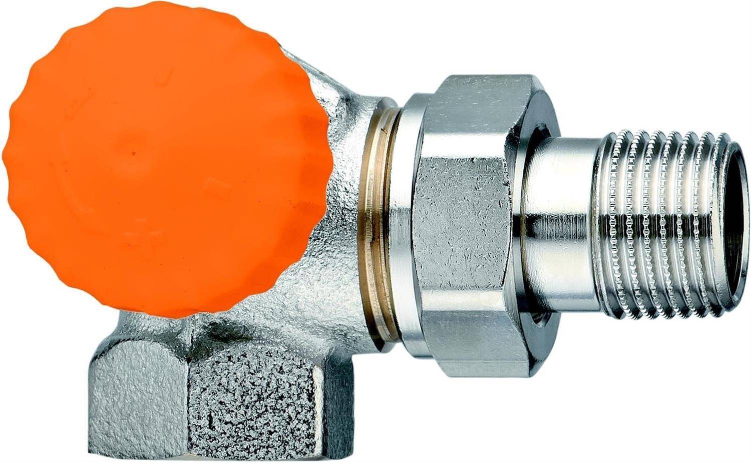 Metallisches Ventilarmatur mit orangefarbenem Handrad und Gewindeverbinder auf weißem Hintergrund.